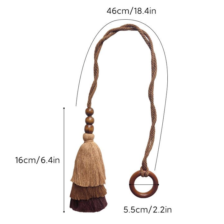 Decorative Layered Tassel Curtain Tieback with Wooden Beads and Loop Ring Bowlift