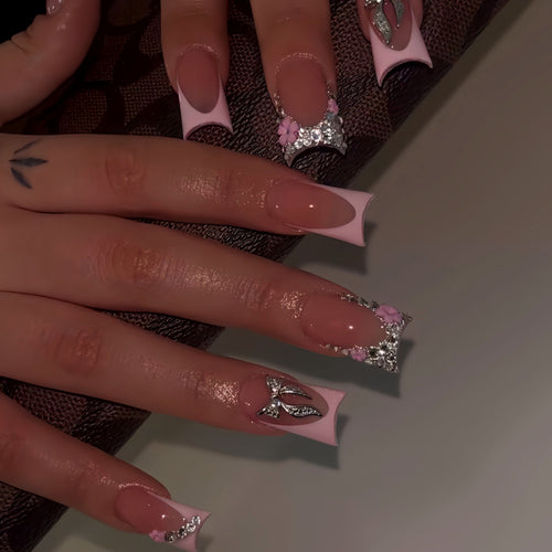 Floral Rhinestone Press-On Nail Enhancements Bowlift