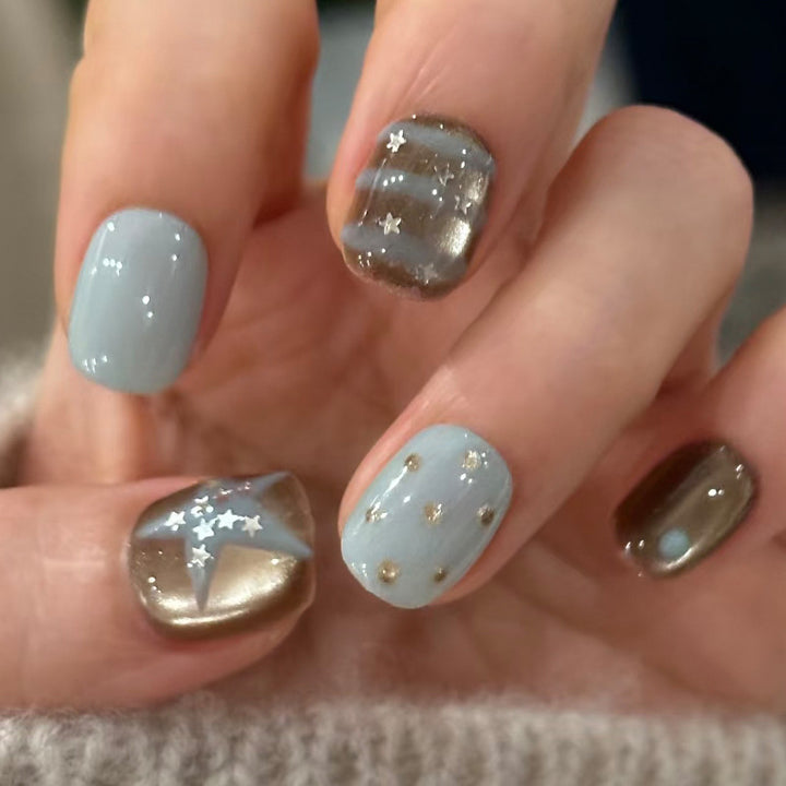Premium Artistic Press-On Nail Set with Star and Metallic Accents Bowlift