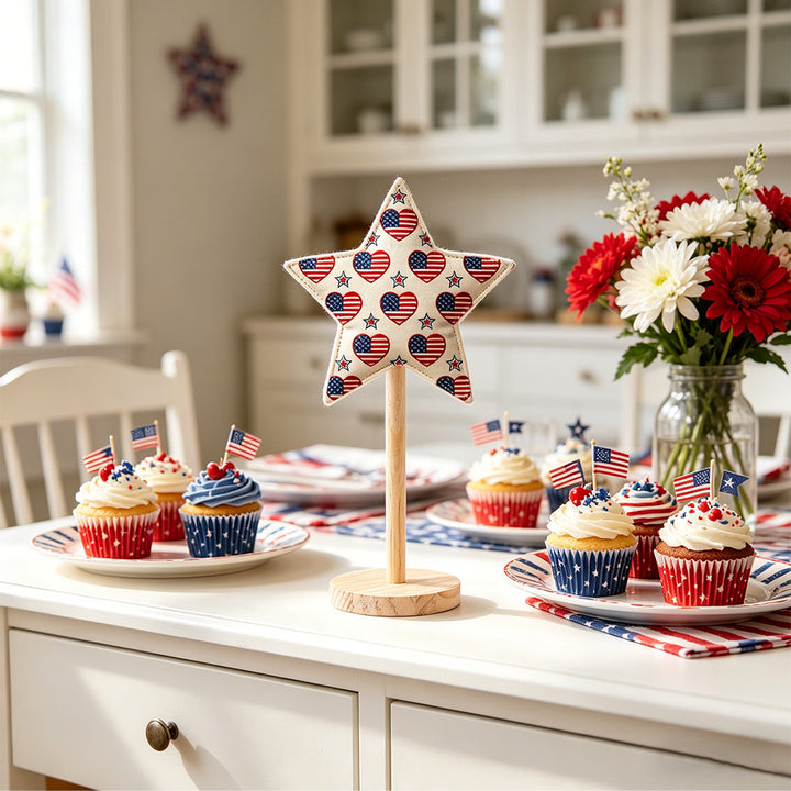 Unisex decorative fabric star display with wooden base Bowlift