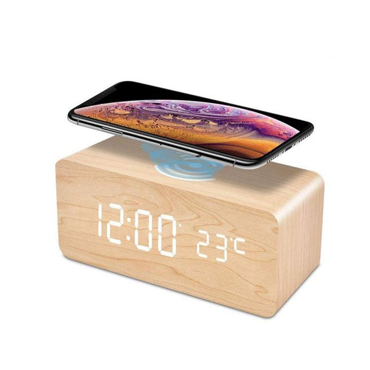 Wooden LED Alarm Clock with Wireless Qi Charging and Indoor Temperature Display Bowlift