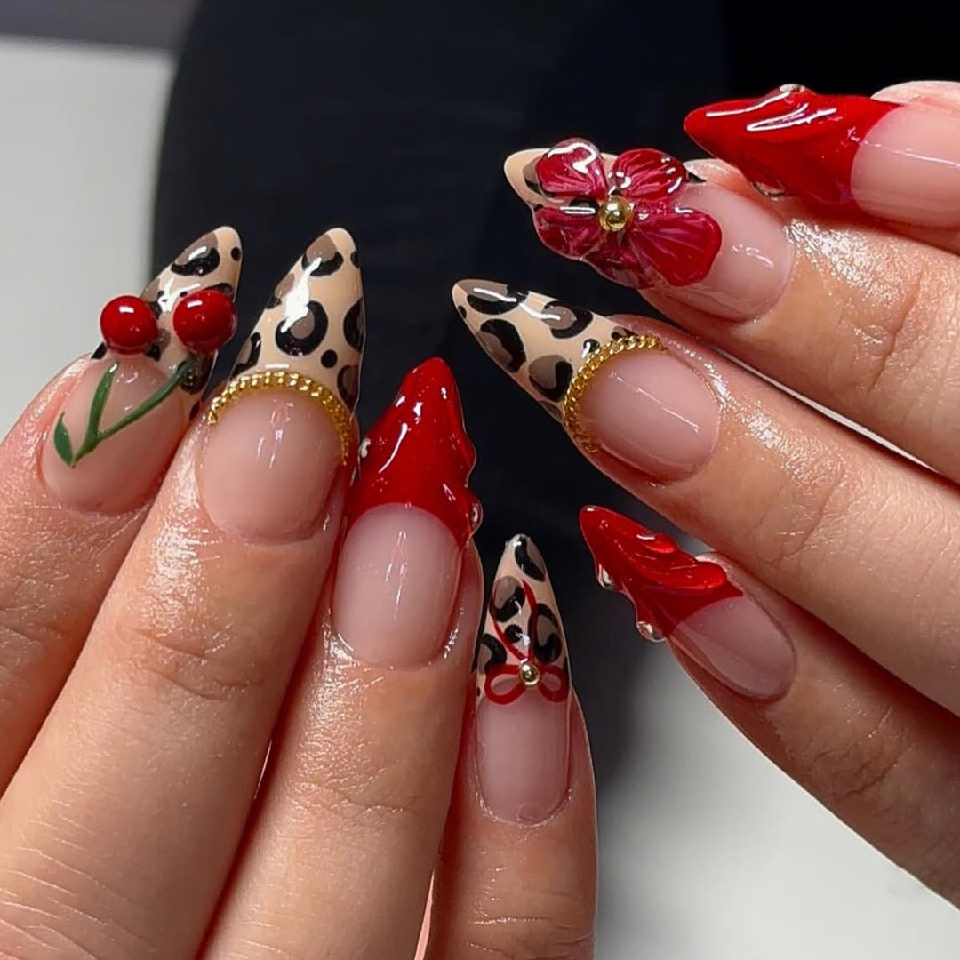 Artistic Leopard and Floral Stiletto Nail Art Extensions Bowlift
