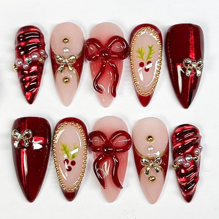 Decorative Press-On Nail Set with Holiday Designs Bowlift