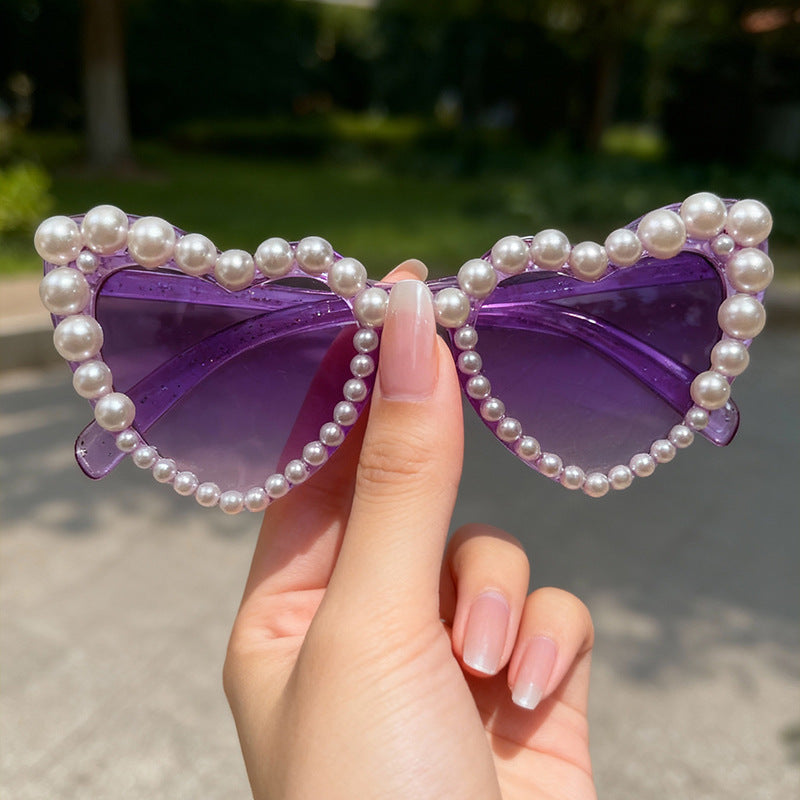Decorative Pearl-Embellished Cat-Eye Sunglasses Bowlift