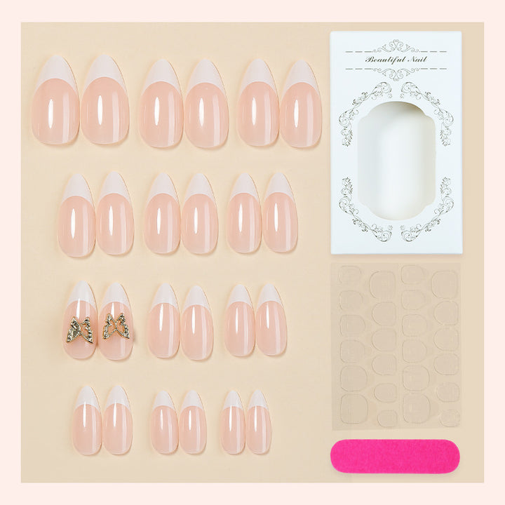 Fashionable Press-On Nail Set with Elegant French Tips and Decorative Accents Bowlift