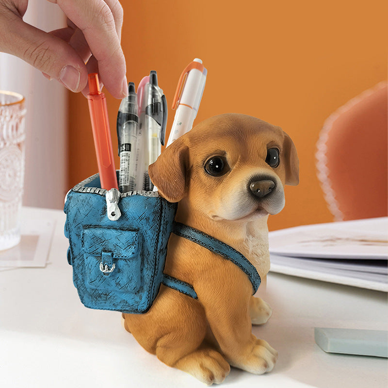 Decorative resin puppy pen holder with backpack desk organizer Bowlift