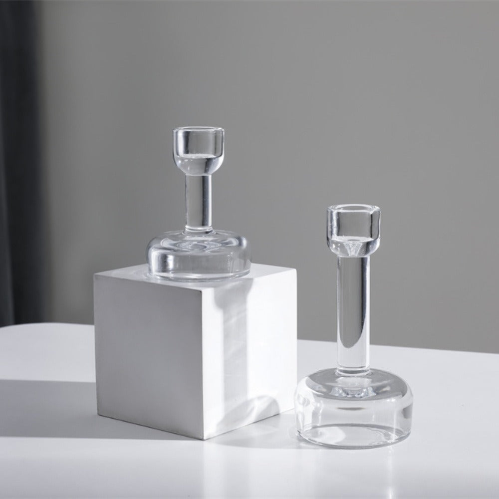 Minimalist Clear Glass Taper Candle Holder Pair with Weighted Base Bowlift