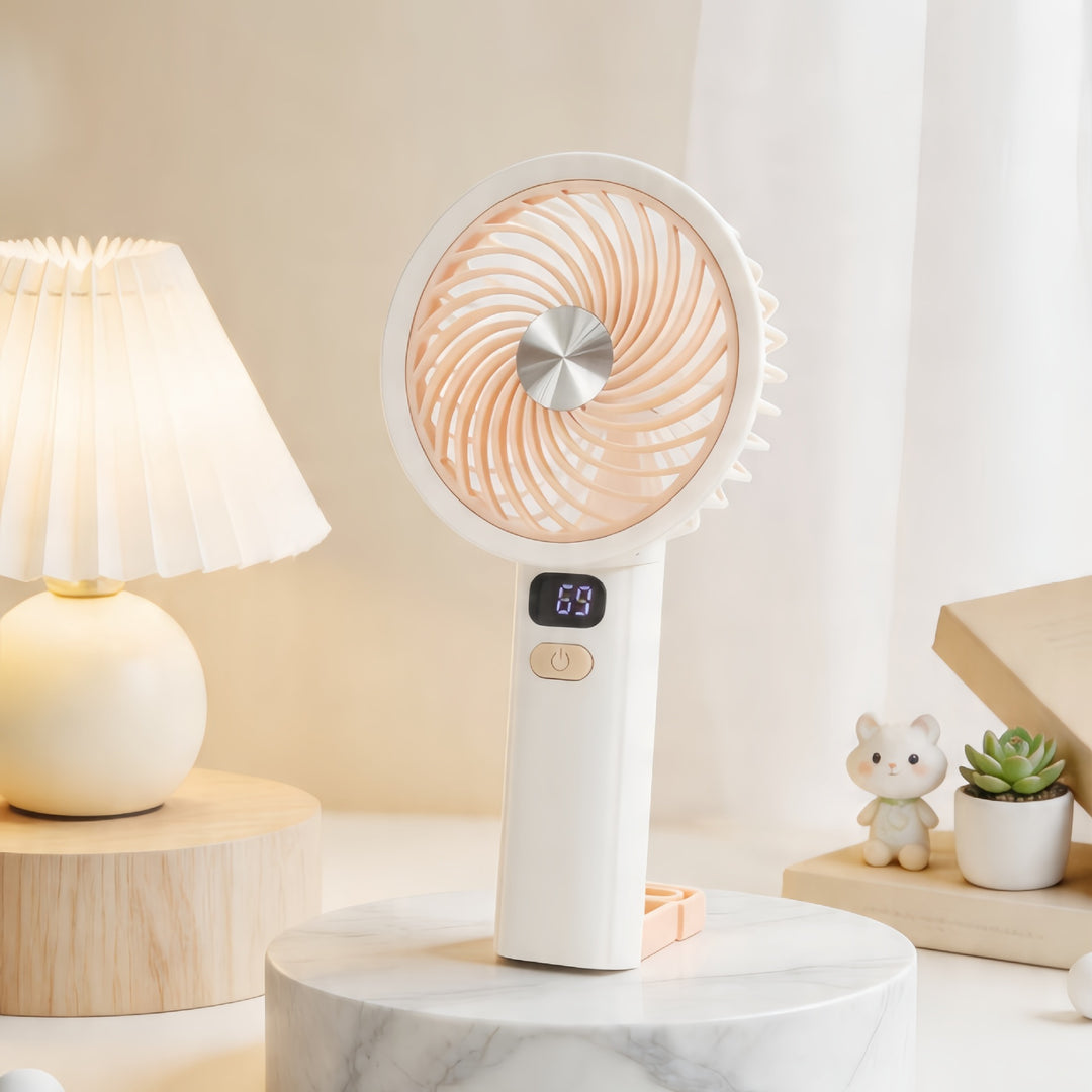 Ladies Portable Hand Fan with LCD Temperature Display and Rechargeable Battery Bowlift