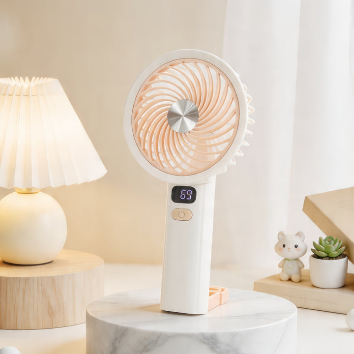 Ladies Portable Hand Fan with LCD Temperature Display and Rechargeable Battery Bowlift