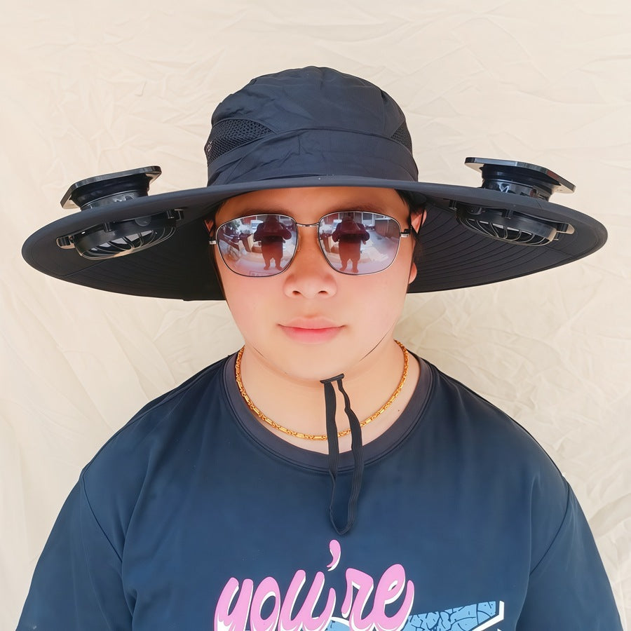 Wide-brimmed sun hat with detachable swivel solar fans and adjustable chin strap Bowlift