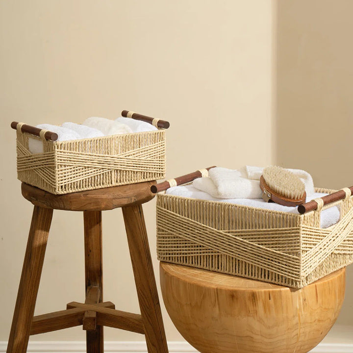 Handwoven Storage Basket with Wooden Handles Bowlift