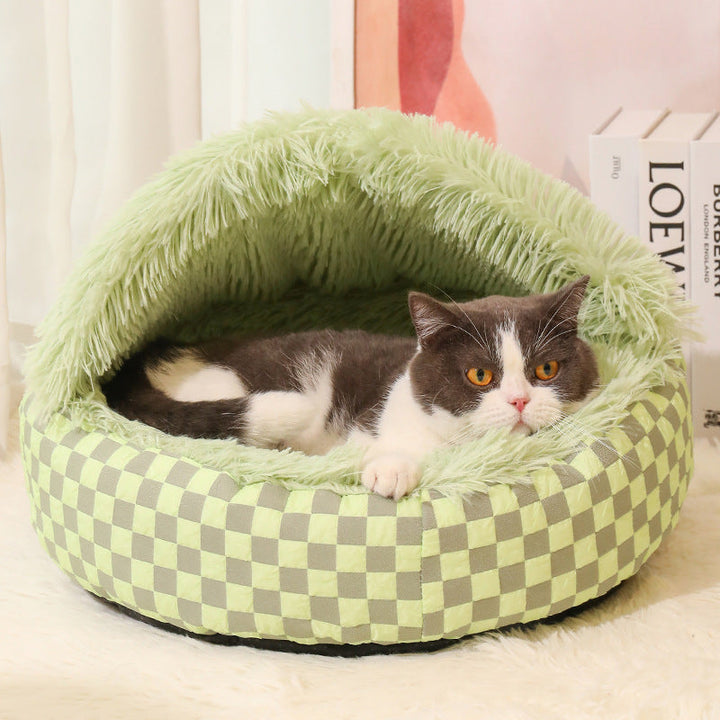 Chequered 2in1 Cat Cave Bed Bowlift