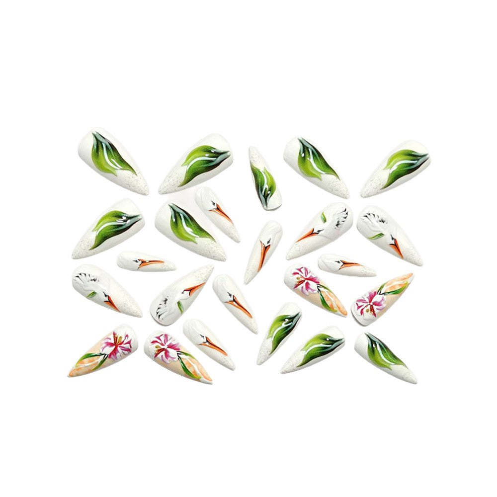Artificial Nail Set with Floral Stork Design Bowlift