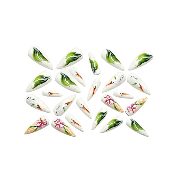 Artificial Nail Set with Floral Stork Design Bowlift
