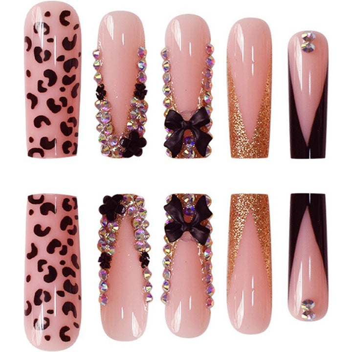 Glamorous Press-On Nail Art Set with Rhinestone and Leopard Accents Bowlift