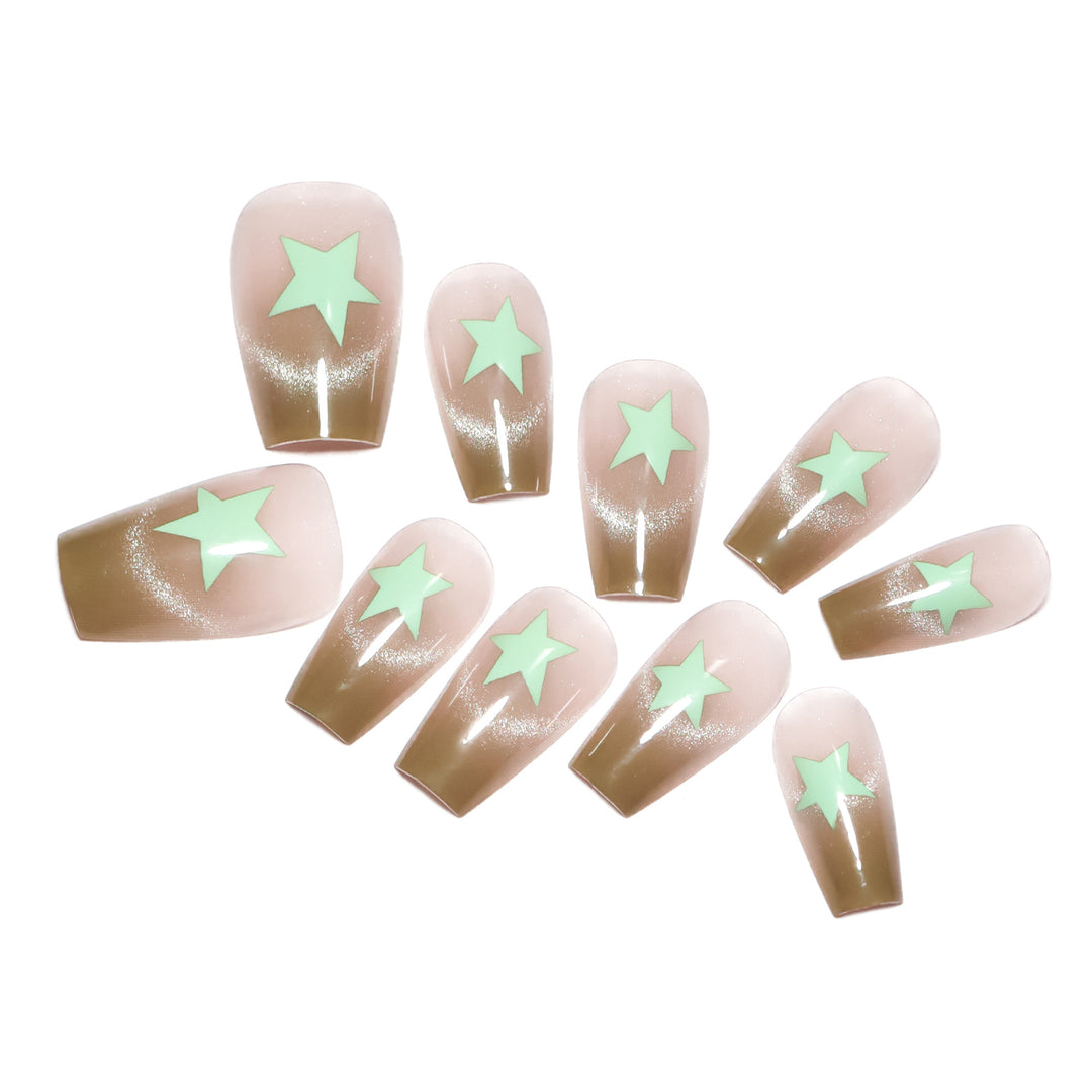 Artificial nail extensions with shimmer effect and star motifs Bowlift