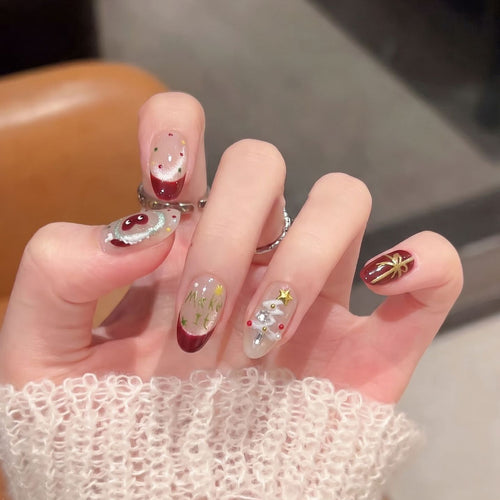 Festive Press-On Nail Art Set with Holiday Designs Bowlift