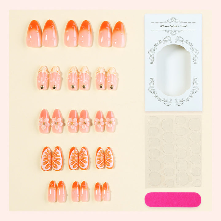 Decorative Press-On Nail Set with Floral and Citrus Accents Bowlift