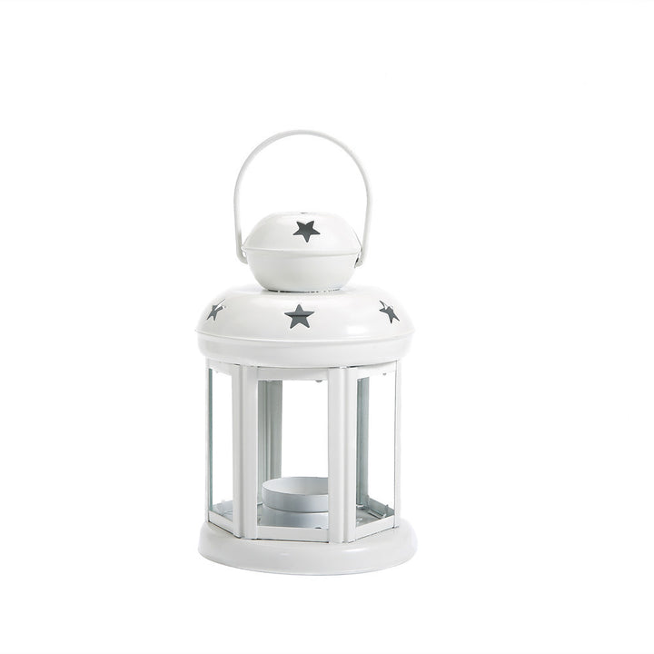 Hexagonal Glass-Paneled Metal Tealight Lantern with Star Vent Cutouts Bowlift