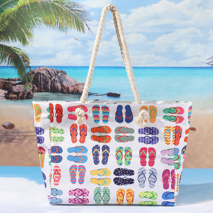 Large Canvas Rope-Handle Beach Tote Bag with Printed Flip-Flop Pattern Bowlift