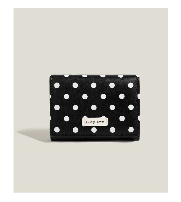 Compact polka dot trifold wallet with RFID protection multiple card and coin compartments Bowlift