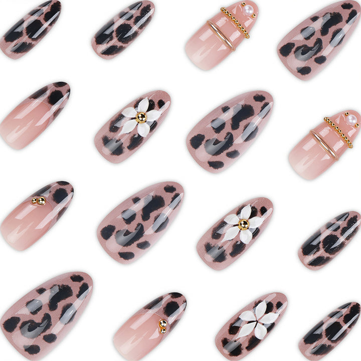 Artistic Press-On Nail Set with Elegant Leopard and Floral Designs Bowlift