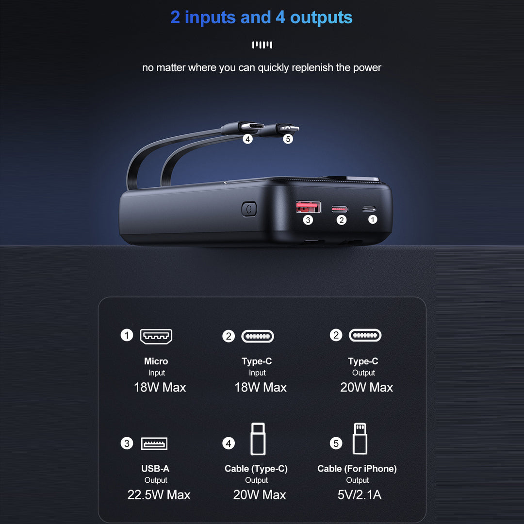 Power bank with dual charging cable and fast charging function Bowlift