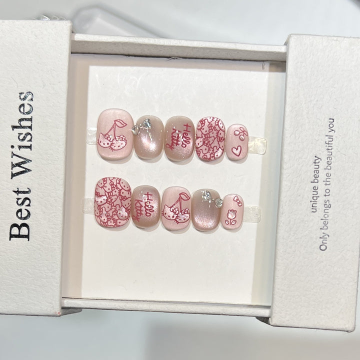 Decorative Press-On Nail Art Set with Cherry and Bow Accents Bowlift