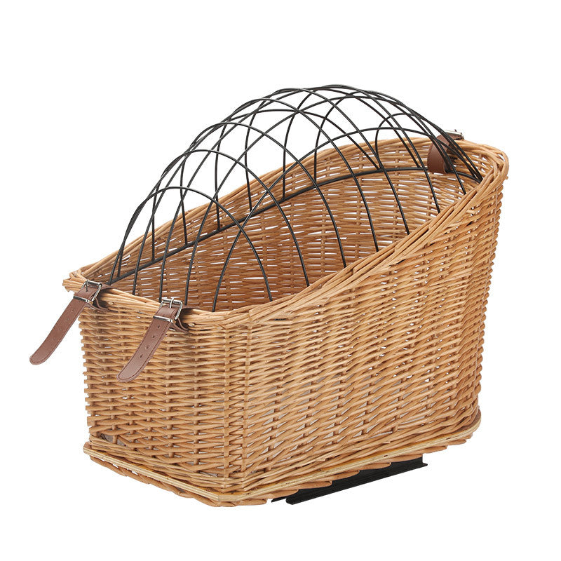 front-mount wicker bicycle pet carrier basket with foldable metal safety dome and adjustable leather buckle straps Bowlift