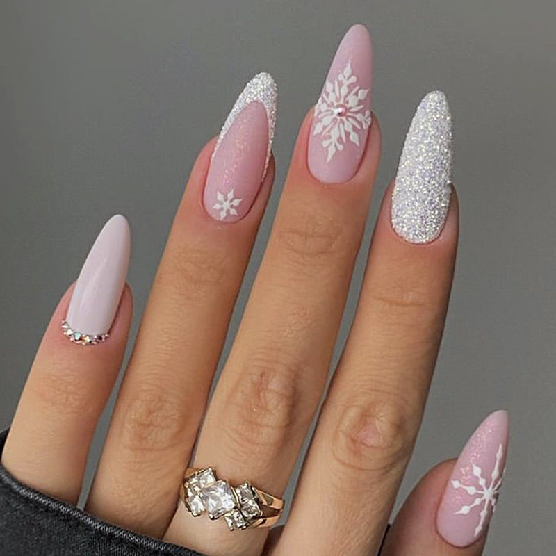 Elegant Press-On Nail Set with Winter Snowflake Designs Bowlift