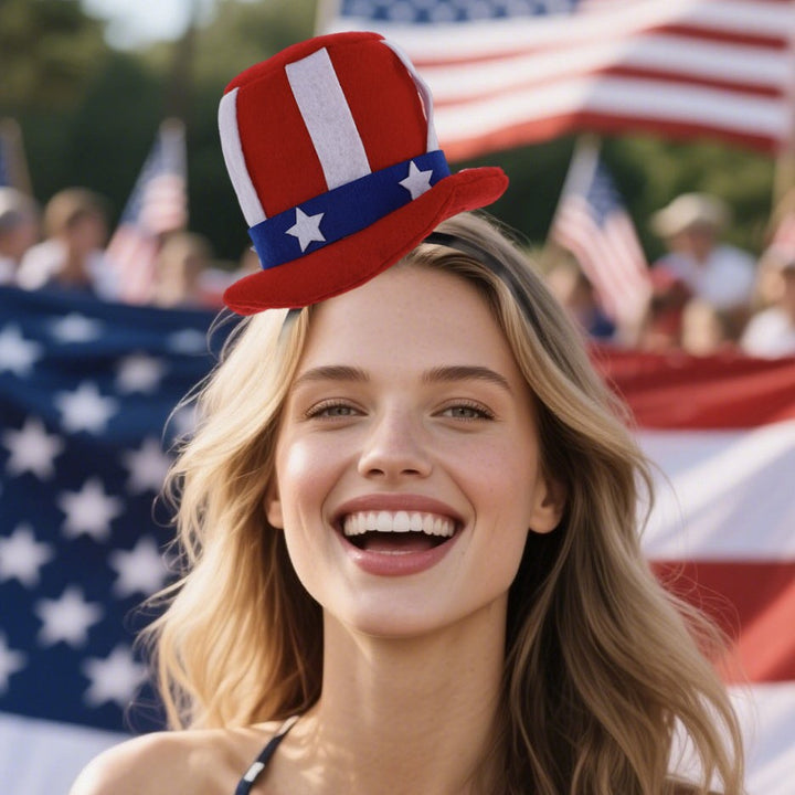 Unisex nan Party hairband with mini top hat and patriotic star ribbon Bowlift