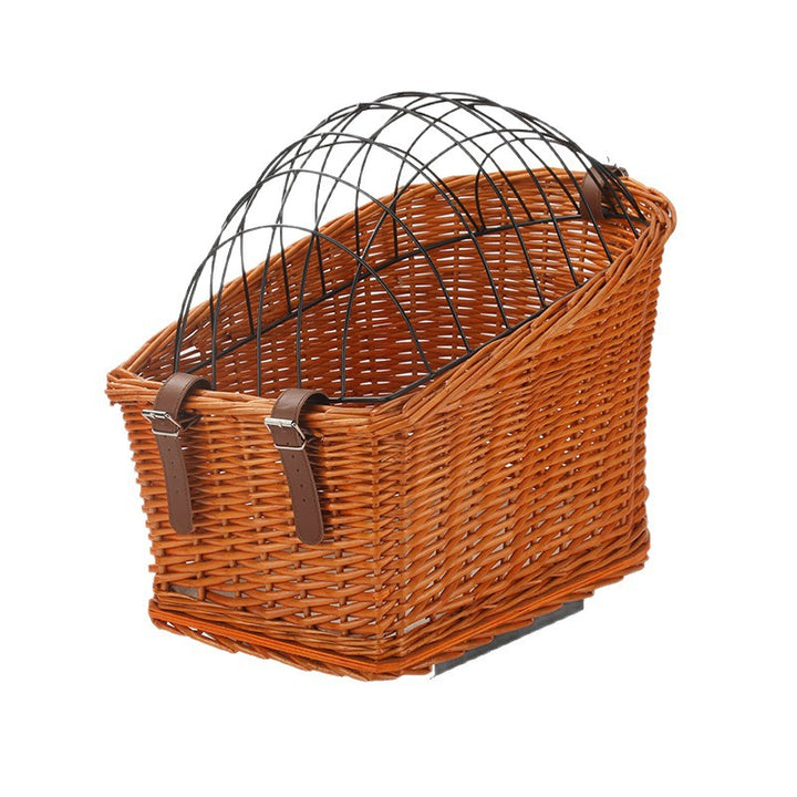 front-mount wicker bicycle pet carrier basket with foldable metal safety dome and adjustable leather buckle straps Bowlift