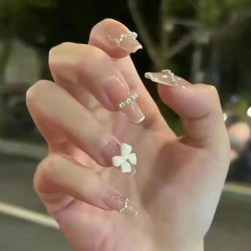 Artificial Nail Set with Glitter and Bow Motif Bowlift