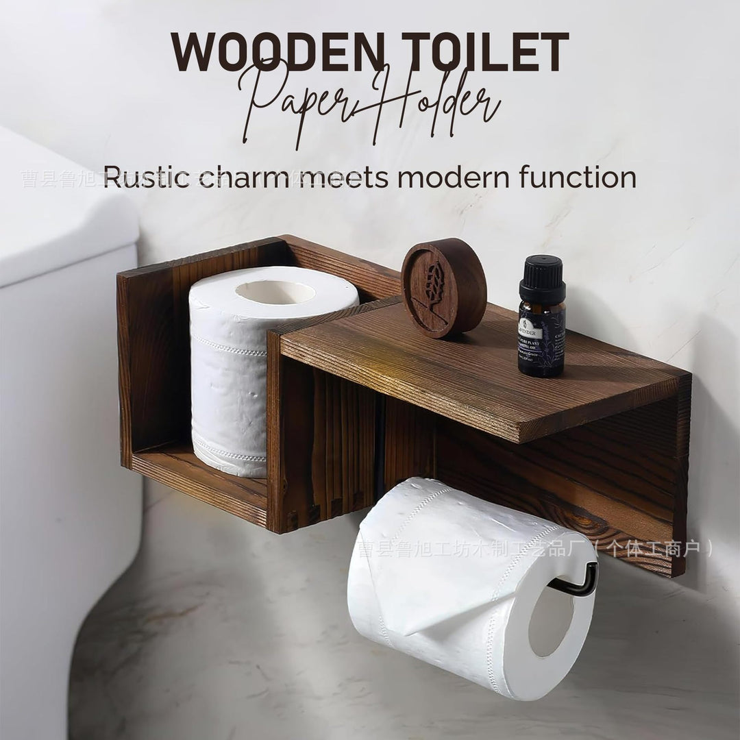 Wall-Mounted Wooden Toilet Paper Shelf Organizer with Metal Roll Holder and Storage Cubby Bowlift