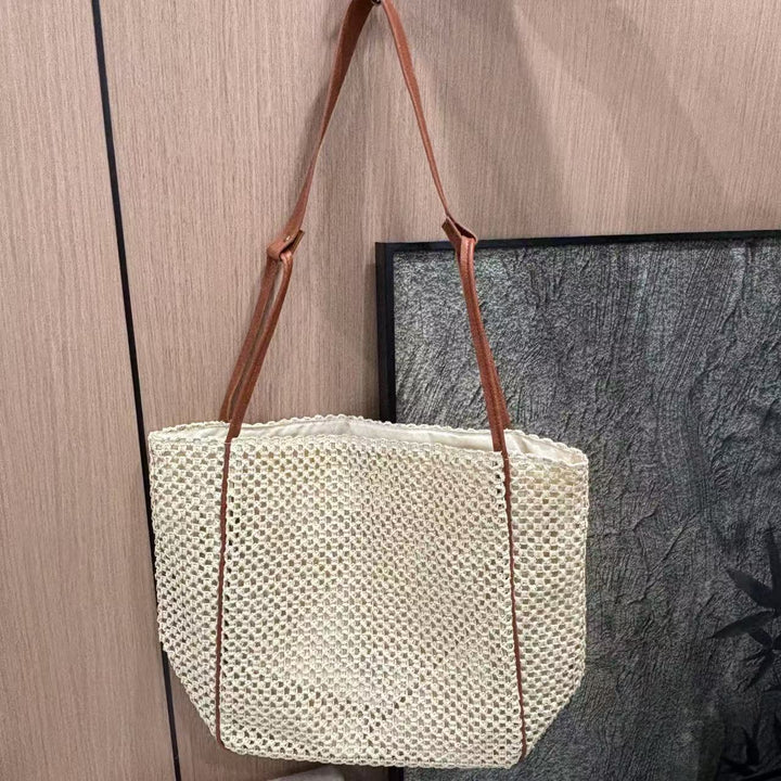 Woven Cotton Handbag with Leather Handles Bowlift