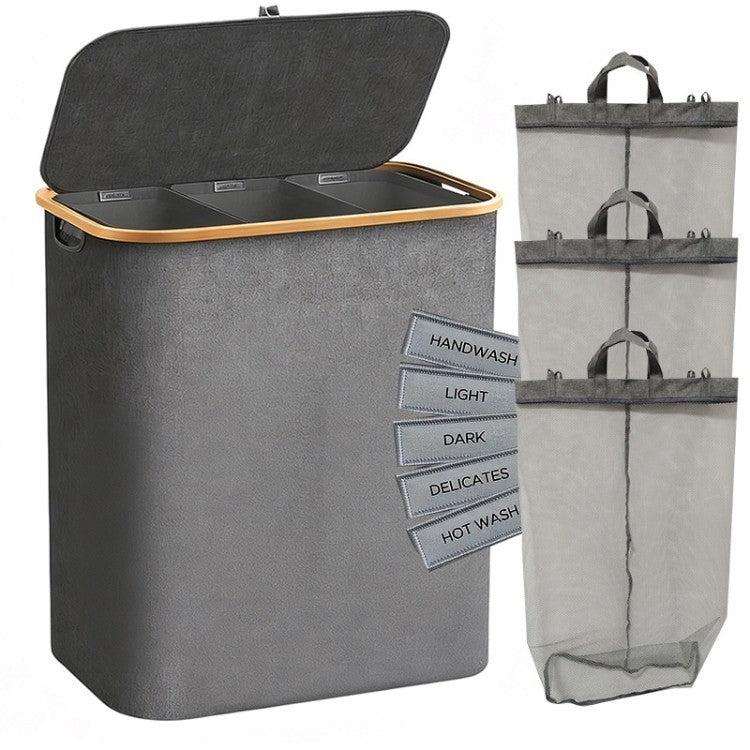 Laundry separation system with bamboo lid and multiple compartments Bowlift