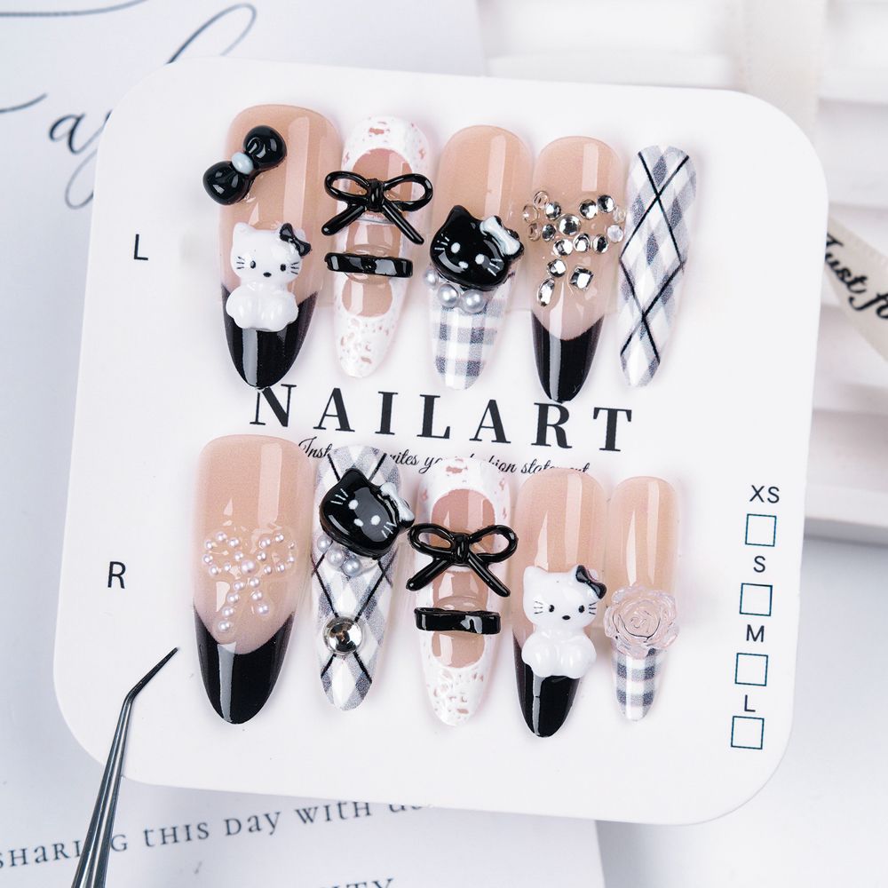 Artistic Press-On Nail Set with Cute Character Designs Bowlift