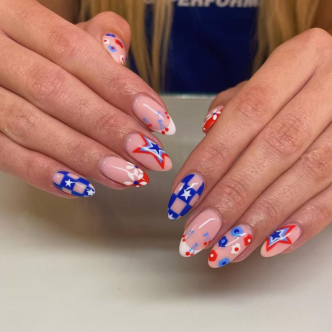 Women's nan patriotic star and floral press-on nail kit with mixed shapes and glossy finish Bowlift