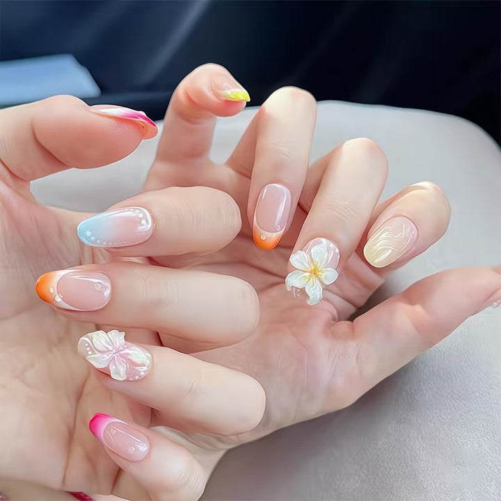 Artistic Press-On Nail Set with Floral and Ombré Designs Bowlift