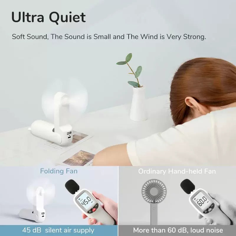 Unisex One Size foldable rechargeable triple handheld mini fan with integrated power bank USB-C and USB-A connections as well as wrist strap Bowlift