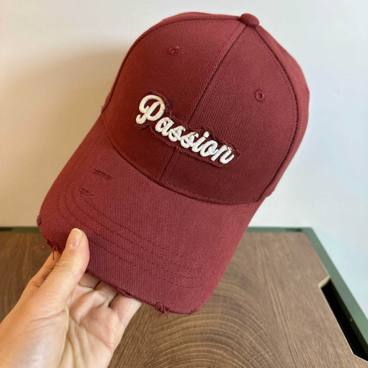 Women's Distressed Cotton Baseball Cap with Embroidered Quote Bowlift