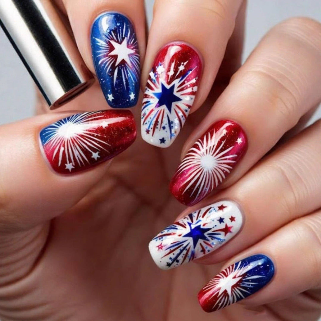 Artificial Nails in Festive Fireworks Design Bowlift