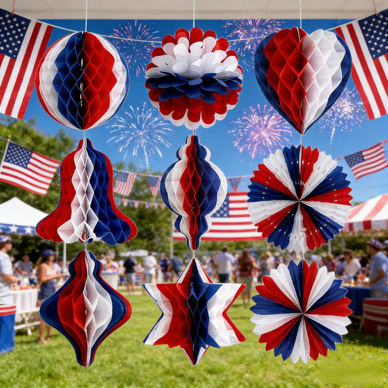 Unisex nan patriotic honeycomb paper hanging party decorations set with assorted three-dimensional shapes Bowlift