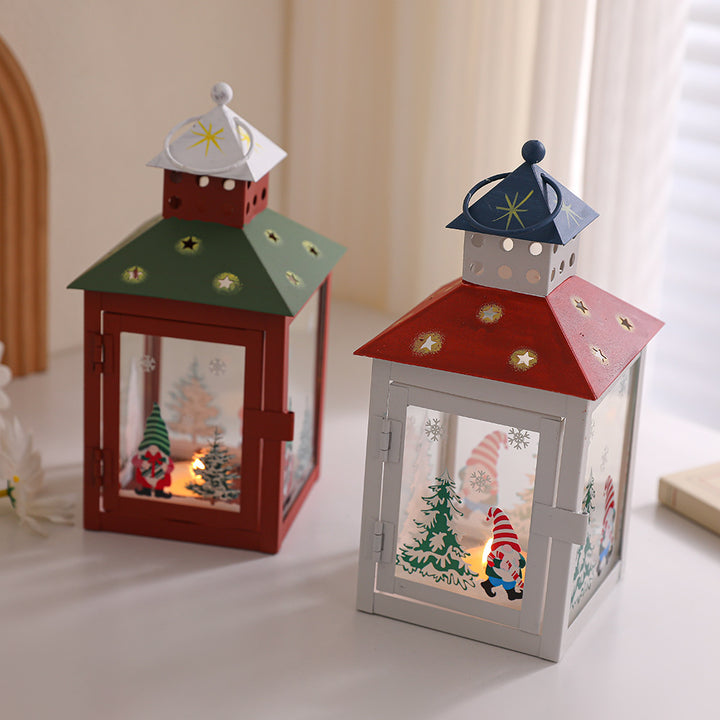 Decorative Holiday Tea Light Lantern with Glass Pane Gnome & Pine Motif Bowlift