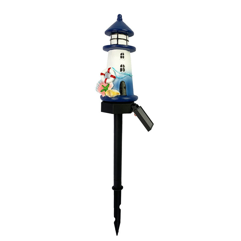 Resin Lighthouse LED Garden Stake Lamp With Integrated Solar Panel And Lifebuoy Ornament Bowlift