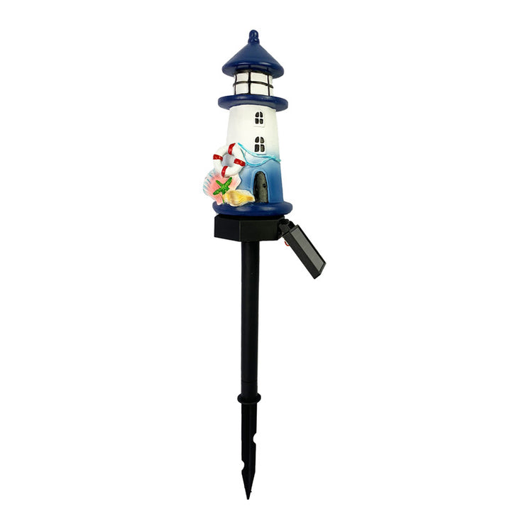 Resin Lighthouse LED Garden Stake Lamp With Integrated Solar Panel And Lifebuoy Ornament Bowlift