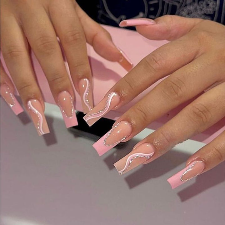 Long Acrylic Press-On Nails with Rhinestone Accents Bowlift
