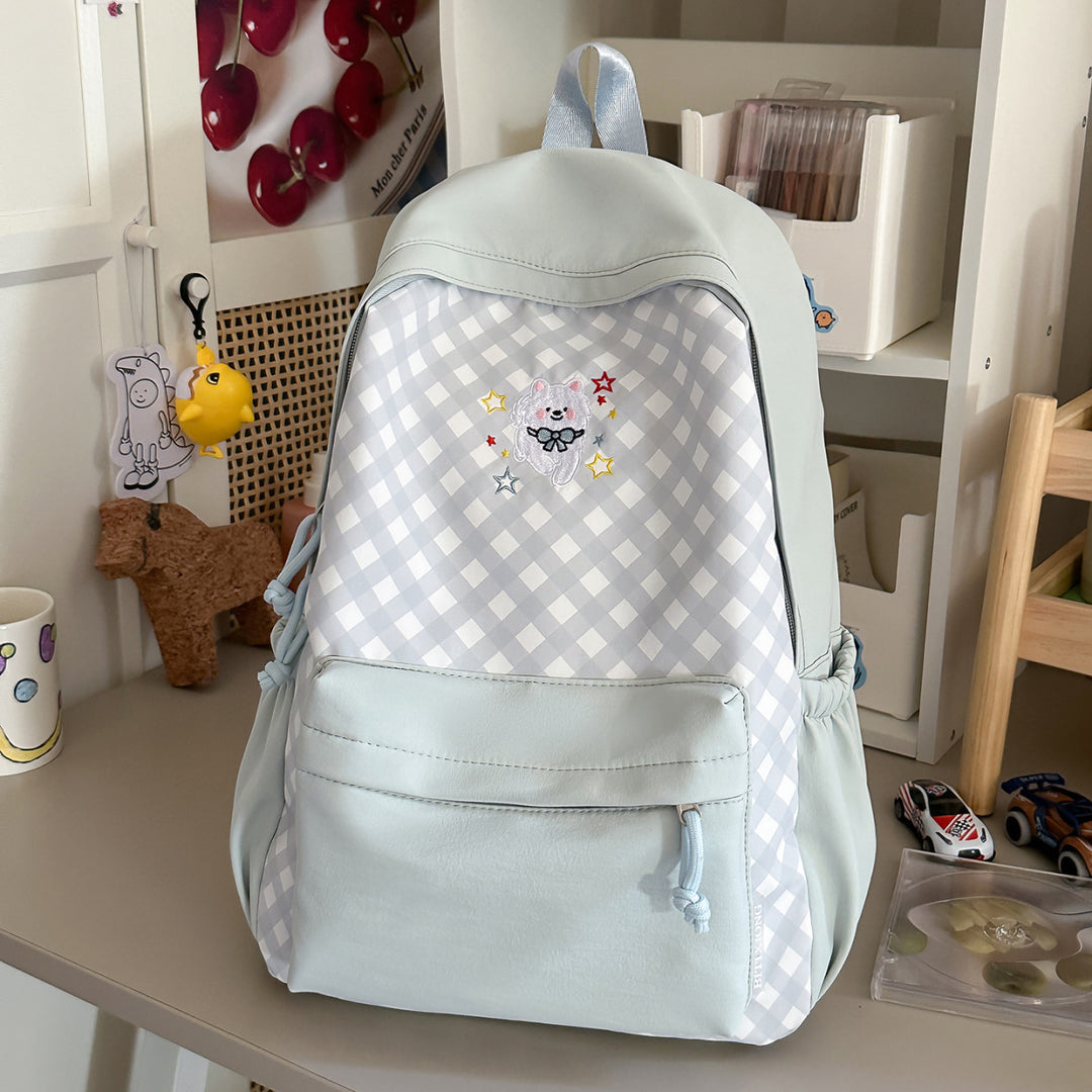 Cute Checked Backpack with Embroidered Accents