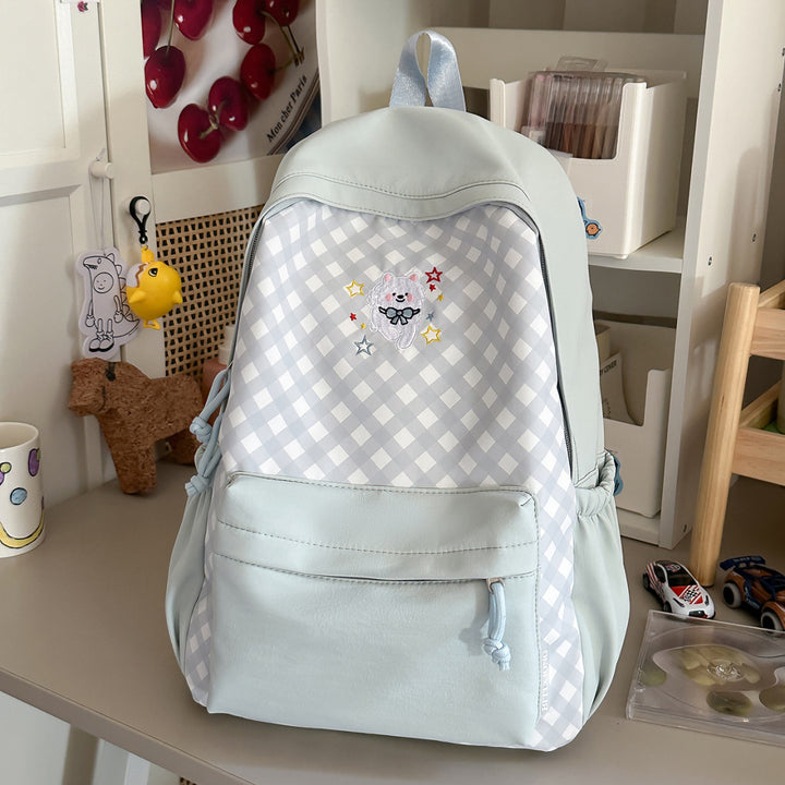 Cute Checked Backpack with Embroidered Accents