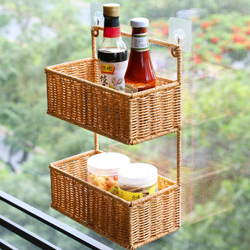 Double-Tier Woven Storage Basket with Handle Bowlift